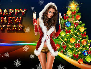 Happy New Year, champagne, christmas tree ornament, glass, woman HD wallpaper