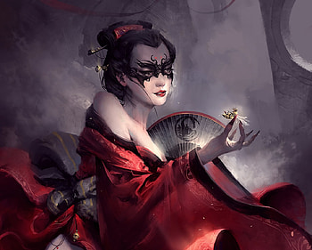 Sinister Soshi, kimono, black, mask, asian, art, girl, fan, hand, hand fan, fantasy, bee, red, luminos, le vuong HD wallpaper