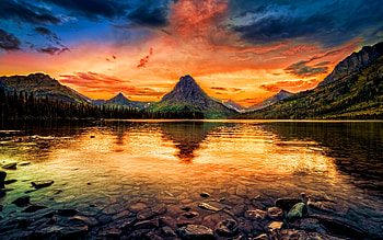 Glacier National Park, sunset, american landmarks, lake, beautiful nature, mountains, summer, America, USA, R HD wallpaper