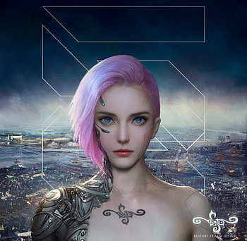 Fantasy girl, frumusete, pink, fantasy, face, mario wibisono, girl, cyborg, blue, gorgeous, superb HD wallpaper
