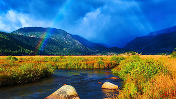Rocky Mountains National Park, Colorado, rainbow, field, clouds, landscape, sky, pond, usa HD wallpaper