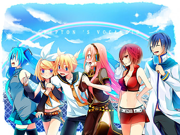 ~Crypton's Vocaloid~, hatsune miku, vocaloid, people, anime, rin kagamine, rainbow, group, megurine luka, clouds, sky, len kagamine HD wallpaper