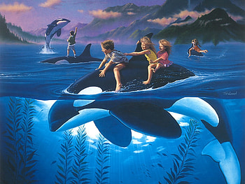 Summer fun, blue, whale, jim warren, sea, white, children, art, copil, painting, pictura, luminos, water, child HD wallpaper