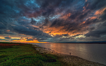 Sunset, sea, colorful, colors, grass, clouds, nature, sky, ocean HD wallpaper