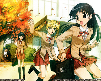 School Rumble, tsukamoto yakumo, skirt, school uniform, harima kenji, leaves, autumn, girls, sawachika eri, tsukamoto tenma, female HD wallpaper