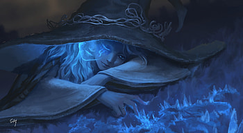 Ranni, blue, fantasy, koyamamichiru, girl, luminos, witch, hat, dark HD wallpaper