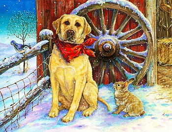 On the Watch, dog, winter, bird, wheel, artwork, painting, snow, fence, rabbit HD wallpaper