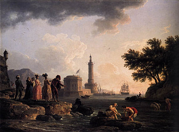 Painting Seashore, 19th century clothing, sailing boat, wading people, trees, light house, rocks HD wallpaper