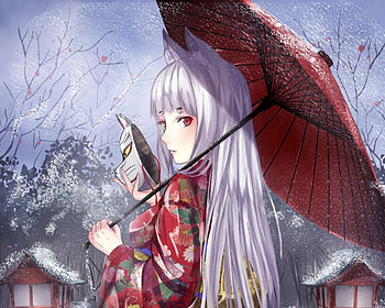 Snow Fox, silver hair, winter, umbrella, kimono, mask, yukata, red eyes, long hair, snow, , female, kitsune, girl, anime girl, anime, white hair, ears HD wallpaper