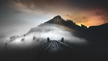 Mountain, railroad, mist, evening HD wallpaper