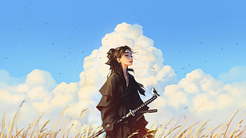 Women With Sword Hair Blowing In The Wind, warrior, sword, artist, artwork, digital-art HD wallpaper