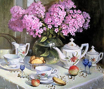 Dobrov Anna. Holiday tea Party, still life, table, tea, painting, dobrov anna, art, flower, drink HD wallpaper