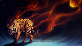 tiger, abstract, moon, art HD wallpaper