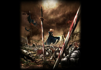 Aftermath of The Holy Grail War, fsn, rain, armour, banners, fate stay night, soldiers, weapons, saber, anime, arrows, swords, clouds, sky, blood HD wallpaper