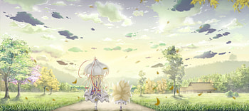 Just a Beautiful Day, umbrella, yakumo ran, multiple tails, kyuubi no kitsune, nine tailed fox, kitsune, fox, dress, 9 tailed fox, anime, yakumo yukari, clouds, trees, sky, youkai, nine tails HD wallpaper