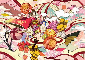 Japanese Girl, stripe, japanese, kimono, kneehighs, multicolor, short hair, brown hair, artifacts, flowers, clothes HD wallpaper
