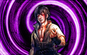 Sasuke Uchiha, violet grunge background, Naruto, protagonist, vortex, Naruto characters, manga, Uchiha Sasuke, samurai, Sasuke Uchiha Naruto HD wallpaper