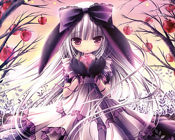 bunny girl ^^, bunny ears, ribbon, cute, girl, white long hair, bunny, beautiful dress, apples, anime, sky, blush, pink eyes HD wallpaper