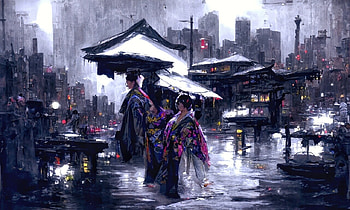 :), kimono, fantasy, art, aivocado, world, street, geisha, people, purple HD wallpaper
