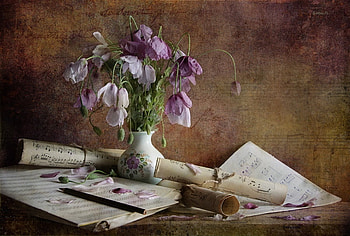 still life, bouquet, graphy, beauty, nice, poppies, music, poppy, petals, flower, , pencil, notes, elegantly, vase, romance, beautiful, purple, old, pretty, cool, flowers, lovely, harmony HD wallpaper