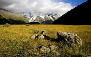Mountain Rainbow, landscape, beautiful, rocks, mountain, blue sky, day, rainbow, clouds, nature, green grass HD wallpaper