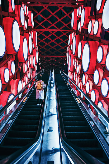 Interior, Lights, Miscellanea, Miscellaneous, Lanterns, Human, Person, Steps, Escalator HD phone wallpaper