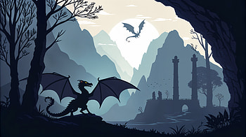 Majestic Dragons: A Ultra Adventure, minimalist, dragon, fantasy, landscape, silhouette, fantasy landscape HD wallpaper