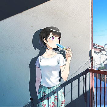 Cute, anime girl, terrace, summer, art HD phone wallpaper