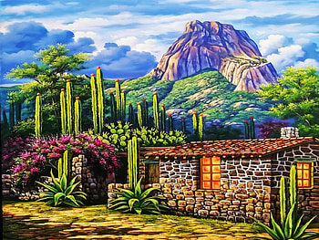 Pena De Bernal, Queretaro, artwork, painting, plants, sky, mountains, village, mexico HD wallpaper