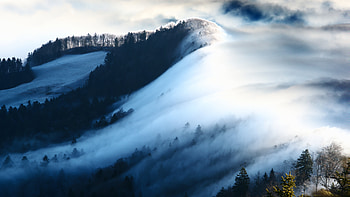 Foggy mountains, horizon, forest, nature HD wallpaper