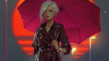 Cold Sunset Girl With Umbrella, umbrella, artist, artwork, digital-art, artstation HD wallpaper
