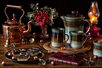 Still life, Kettle, Mug, Cakes, Kerosene lamp, Nuts HD wallpaper
