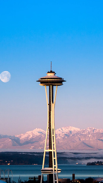 Seattle Space Needle, Moonlit skyline, Ultra HD phone wallpaper