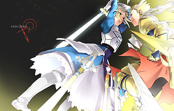 Saber vs Gilgamesh, saber, blond hair, anime, fantasy, gilgamesh, dress, fate zero, armor HD wallpaper