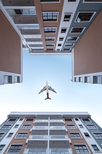 Sky, Architecture, Building, Miscellanea, Miscellaneous, Plane, Airplane, Bottom View HD phone wallpaper