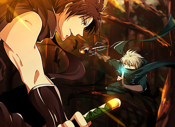 Takao Kazunari VS Kuroko Tetsuya, fighting, kuroko tetsuya, fight, weapons, kuroko no basket, anime, takao kazunari, swords, battle, scarf, katana, male HD wallpaper