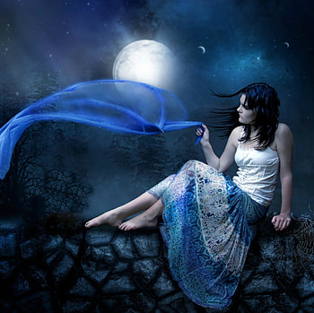 MIDNIGHT BLUE, NIGHT, SKY, WINDY, DRESS, STARS, FEMALE, MOON, BLUE HD wallpaper