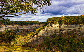 Letchworth State Park, NY, leaves, autumn, landscape, trees, rocks, mountains, usa HD wallpaper