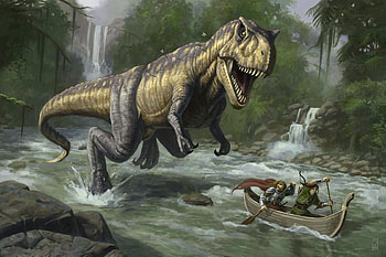 Animals, Rivers, Fantasy, Boats, Dinosaurs HD wallpaper