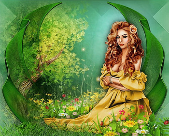 In the Springtime, flowers, girl, green, woman HD wallpaper