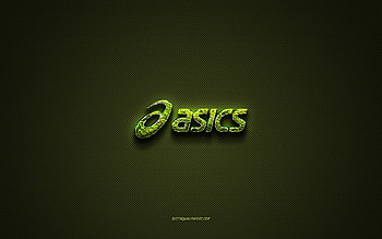Asics logo, green creative logo, floral art logo, Asics emblem, green carbon fiber texture, Asics, creative art HD wallpaper