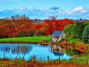 Lakeside House, house, fall, lake, reflection, trees, autumn, nature, sky, calm, pond HD wallpaper