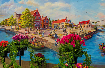 Holland landscape, boat, art, dutch, landscape, peaceful, beautiful, tulips, lake, painting, flowers, holland, water, village, countryside HD wallpaper