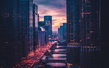 Chicago, evening, sunset, skyscrapers, One Museum Park, 71 South Wacker, modern buildings, Chicago cityscape, Illinois, USA HD wallpaper