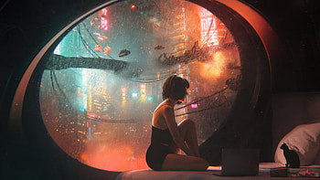 Girl And The Vast World, cat, artist, artwork, digital-art, behance HD wallpaper