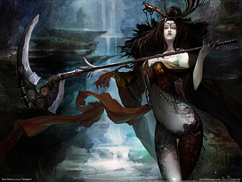 Sura Online, night, tattoo, game, , dark evil scythe, female, art, alone, ribbon, evil, online, dark, reaper, anime girl, scythe, fantasy, video game, fear, sura, waterfall HD wallpaper