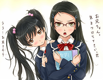 to cute, cute, anoyyed face, girl, school uniform, black hair, long hair, twin tails, anime, school books, hazel eyes, glasses, blush, green eyes HD wallpaper