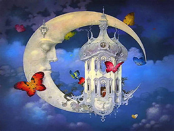 For Pierre, blue, butterflies, moon, clouds, sky HD wallpaper