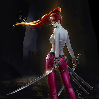 Fantasy girl, girl, baxi, redhead, frumusete, sword, art, pink, fantasy, ba xi, fighter, luminos HD wallpaper