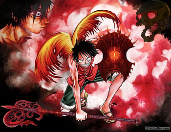 Kafs fury, shield, wings, flames, skull, axe, luffy, red, smoke, cloud HD wallpaper